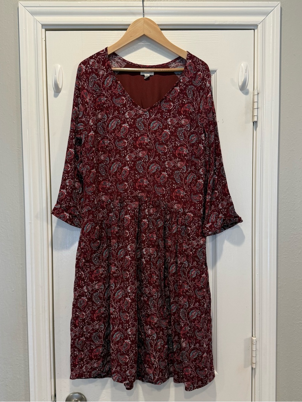 Garnet Hill Burgundy Red Paisley Print Bohemian Pocket 3/4 Sleeve Dress Size 6